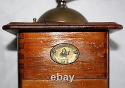 K&M Antique Wooden Coffee Mill Grinder Logo Plate Arab trader on camelback