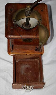 K&M Antique Wooden Coffee Mill Grinder Logo Plate Arab trader on camelback