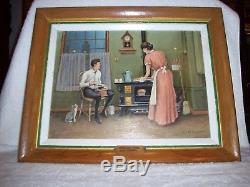 Oil Painting 1900's Kitchen Scene Cat Clock Cast Iron Stove Coffee Grinder