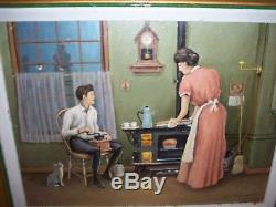 Oil Painting 1900's Kitchen Scene Cat Clock Cast Iron Stove Coffee Grinder