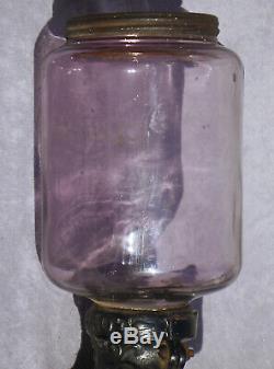 Old ARCADE CRYSTAL Coffee Grinder Amethyst Purple Glass Antique Cast Iron Works