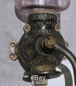 Old ARCADE CRYSTAL Coffee Grinder Amethyst Purple Glass Antique Cast Iron Works