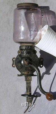 Old ARCADE CRYSTAL Coffee Grinder Amethyst Purple Glass Antique Cast Iron Works