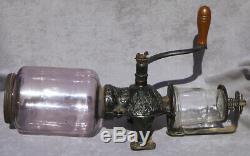 Old ARCADE CRYSTAL Coffee Grinder Amethyst Purple Glass Antique Cast Iron Works