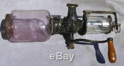 Old ARCADE CRYSTAL Coffee Grinder Amethyst Purple Glass Antique Cast Iron Works