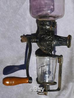 Old ARCADE CRYSTAL Coffee Grinder Amethyst Purple Glass Antique Cast Iron Works