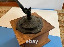 Old Large Antique Light Wood Cast Iron Coffee Bean Grinder Mill With Hand Crank