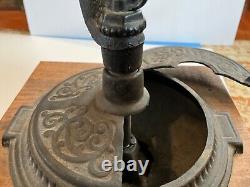 Old Large Antique Light Wood Cast Iron Coffee Bean Grinder Mill With Hand Crank
