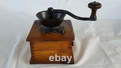 Old Vtg Antique Wood And Iron Wooden Coffee Grinder With Drawer Well Made