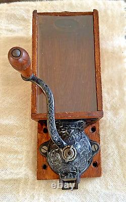 Original Antique Vtg Arcade X-Ray Wood Cast Iron Glass Coffee Mill Grinder