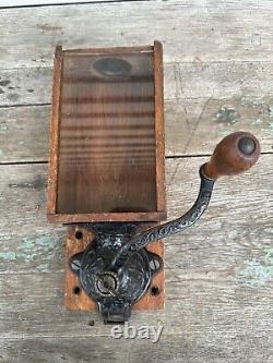 Original Antique Vtg Arcade X-Ray Wood Cast Iron Glass Coffee Mill Grinder