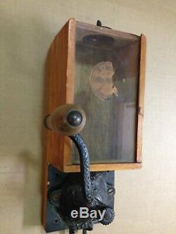 RARE Antique Wall Mount Coffee Grinder with Wood, Glass & Cast Iron Grinder +++