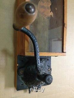 RARE Antique Wall Mount Coffee Grinder with Wood, Glass & Cast Iron Grinder +++