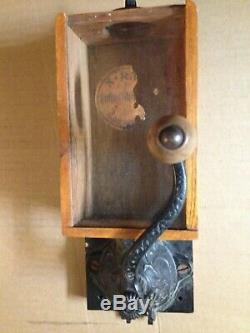 RARE Antique Wall Mount Coffee Grinder with Wood, Glass & Cast Iron Grinder +++