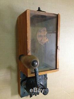 RARE Antique Wall Mount Coffee Grinder with Wood, Glass & Cast Iron Grinder +++