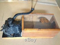 RARE Antique Wall Mount Coffee Grinder with Wood, Glass & Cast Iron Grinder +++