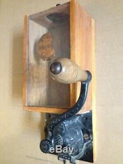 RARE Antique Wall Mount Coffee Grinder with Wood, Glass & Cast Iron Grinder +++