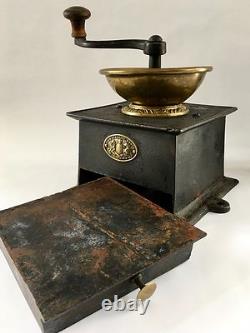 RARE+HUGE #5 Antique/Vintage J&W FINDLAY English Iron+Brass Coffee Mill/Grinder