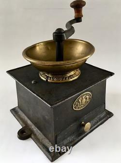 RARE+HUGE #5 Antique/Vintage J&W FINDLAY English Iron+Brass Coffee Mill/Grinder