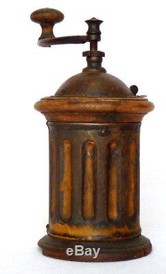 Rare Antique French Peugeot Toleware and Wood Coffee Grinder Cylinder Shape