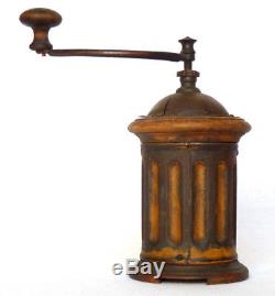 Rare Antique French Peugeot Toleware and Wood Coffee Grinder Cylinder Shape