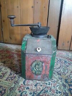 Rare Best Antique Early Primitive Metal Tin Green Advertising Coffee Grinder 9
