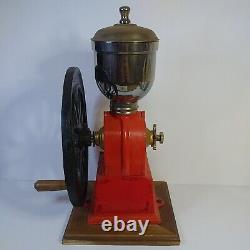 Rare Complete Vintage Cast Iron Single Wheel Manual Coffee Grinder Red/wood