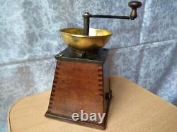 Rare Vintage old wooden Table Box Coffee mill Grinder ANTIQUE MODEL Bronze devic