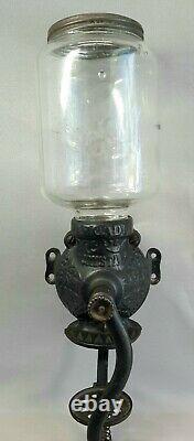 VINTAGE ARCADE CRYSTAL NO 3 COFFEE GRINDER WALL MOUNT CAST IRON With ORIG GLASS