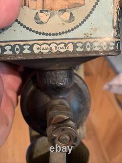 Very Rare Bronson-Walton Co. Tin Holland Beauty Coffee Grinder With Catch Cup
