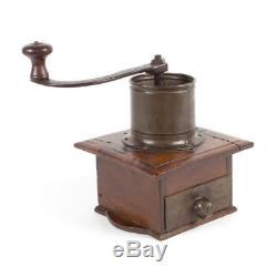 Very rare antique primitive wooden table box coffee mill grinder with hand crank