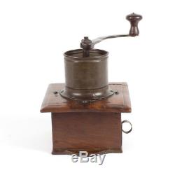 Very rare antique primitive wooden table box coffee mill grinder with hand crank