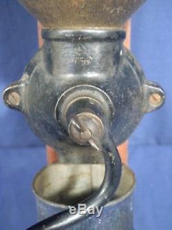 Vintage Antique Always Ready Blue Tin Coffee Grinder Mill Wall Mount 16.25 High