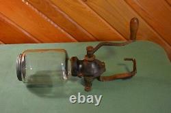 Vintage Antique Arcade Wall Mounted Coffee Grinder Embossed Lid Nice Patina