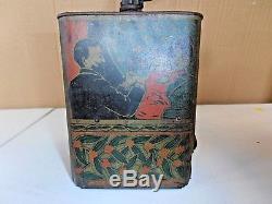 Vintage Antique None Such Tin & Wood Coffee Grinder Lithograph Paint