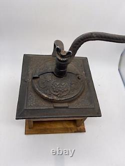 Vintage Antique Wood Coffee Bean Burr Grinder Mill Manual Cast Iron Hand Crank