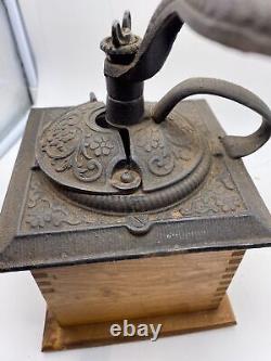 Vintage Antique Wood Coffee Bean Burr Grinder Mill Manual Cast Iron Hand Crank