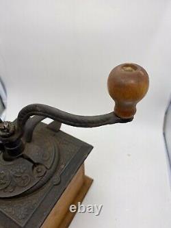 Vintage Antique Wood Coffee Bean Burr Grinder Mill Manual Cast Iron Hand Crank