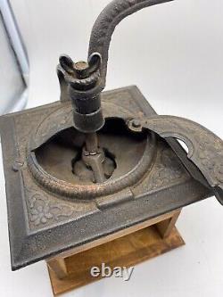 Vintage Antique Wood Coffee Bean Burr Grinder Mill Manual Cast Iron Hand Crank
