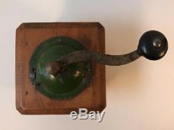Vintage Antique Wood & Steel Manual Hand Crank Coffee Mill Grinder Green Cover