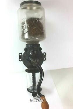 Vintage Arcade Coffee Grinder Wall Mount Antique with Original Freeport, ILL Glass