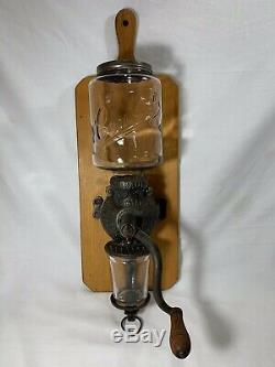 Vintage Arcade Crystal Coffee Grinder Wall Mount Hand Crank Antique Glass EXC