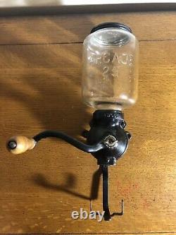 Vintage Atwood Antique Arcade 25 Hand-Crank Coffee Grinder Glass Wall Mount Mill