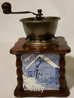 Vintage CURRIER & IVES Coffee Grinder Mill Wood Blue & White Tiles
