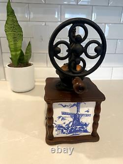 Vintage Coffee Grinder Ceramic and Wood Dutch Windmill Design Blue And White