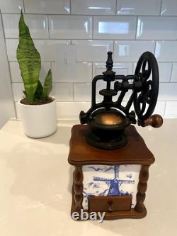 Vintage Coffee Grinder Ceramic and Wood Dutch Windmill Design Blue And White