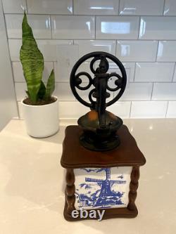 Vintage Coffee Grinder Ceramic and Wood Dutch Windmill Design Blue And White