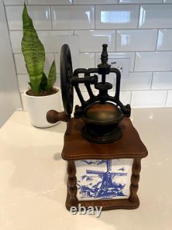 Vintage Coffee Grinder Ceramic and Wood Dutch Windmill Design Blue And White