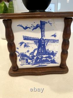 Vintage Coffee Grinder Ceramic and Wood Dutch Windmill Design Blue And White
