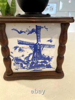 Vintage Coffee Grinder Ceramic and Wood Dutch Windmill Design Blue And White